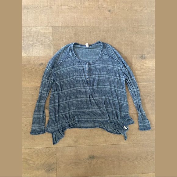 we the free people blue striped henley slinky hacci long sleeve top - Picture 2 of 6